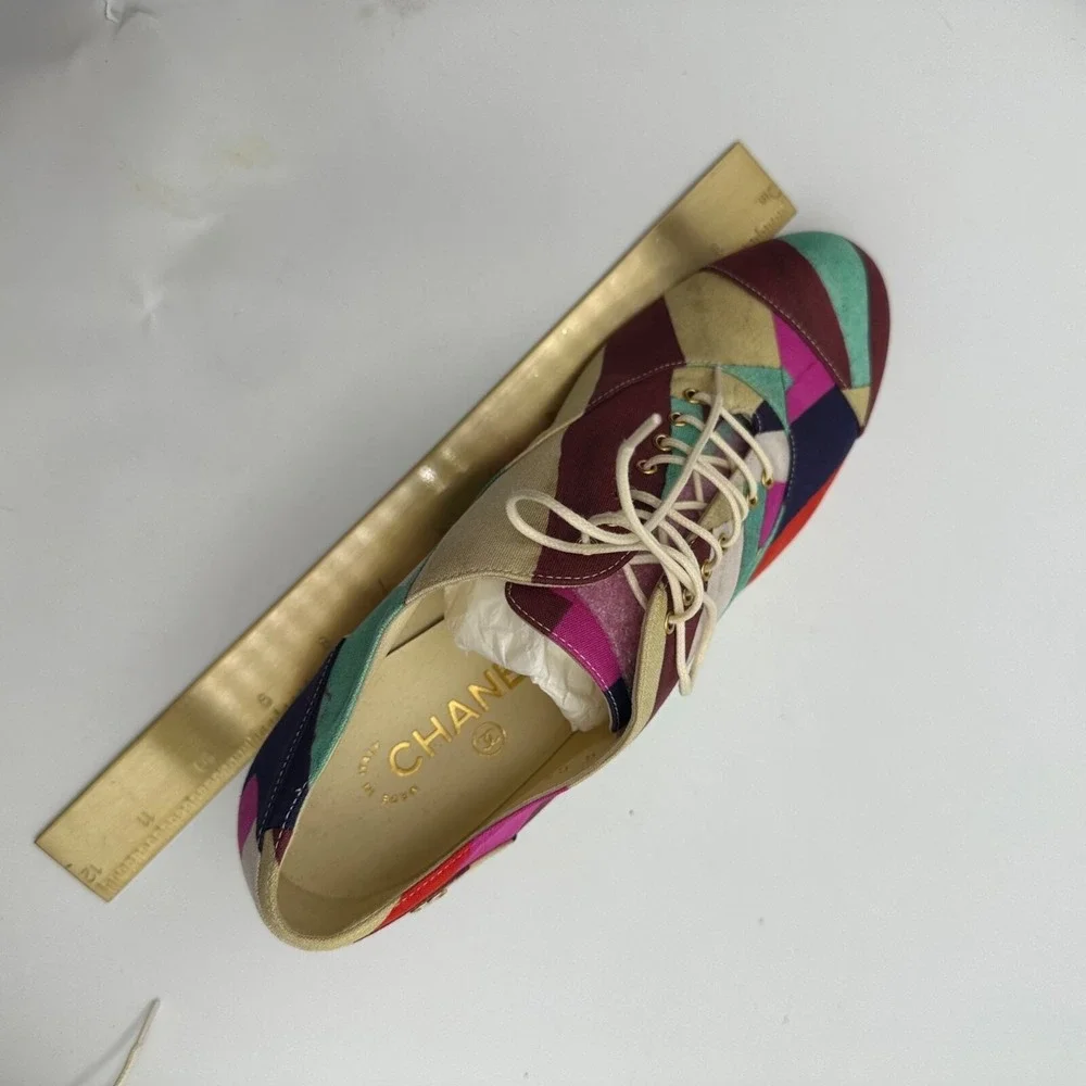 NEW CHANEL‎ BROGUES SHOES CAMELIA G HEELS MULTI COLOR CANVAS G31468 Size 38.5
